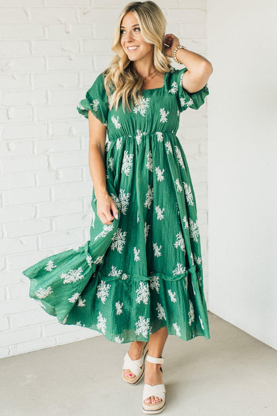 Elena Embroidered Bubble Sleeve Dress