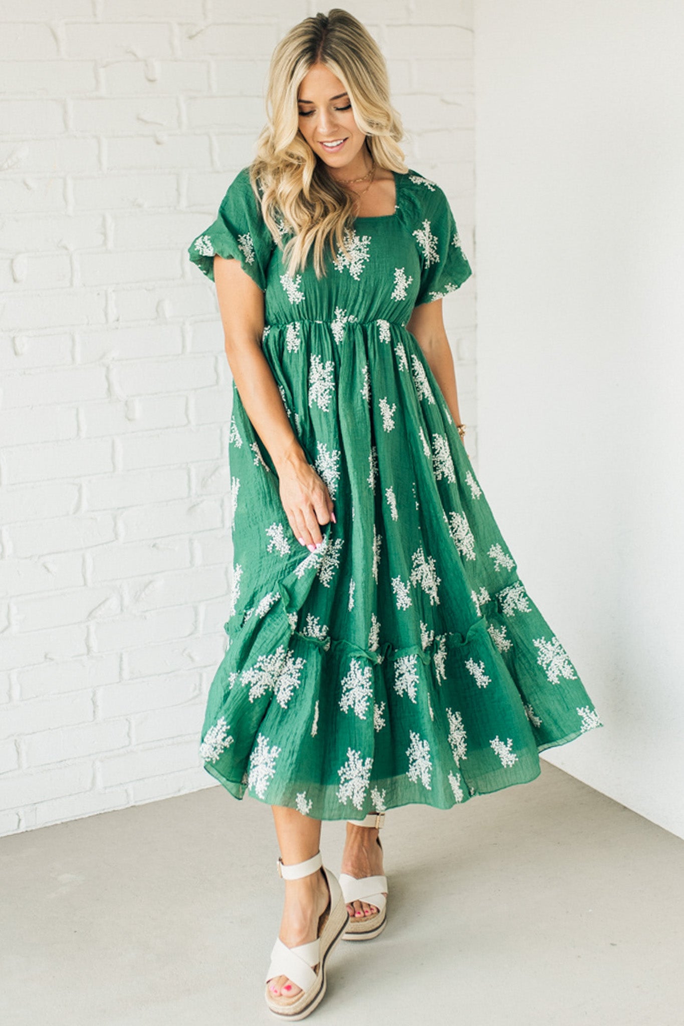 Elena Embroidered Bubble Sleeve Dress