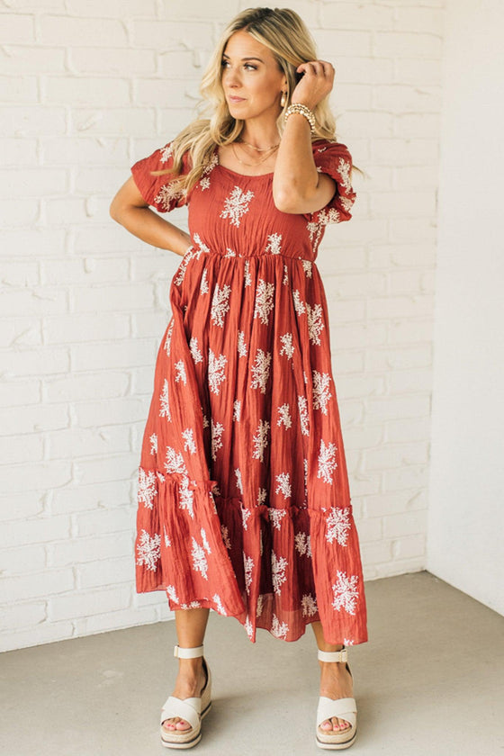 Elena Embroidered Bubble Sleeve Dress