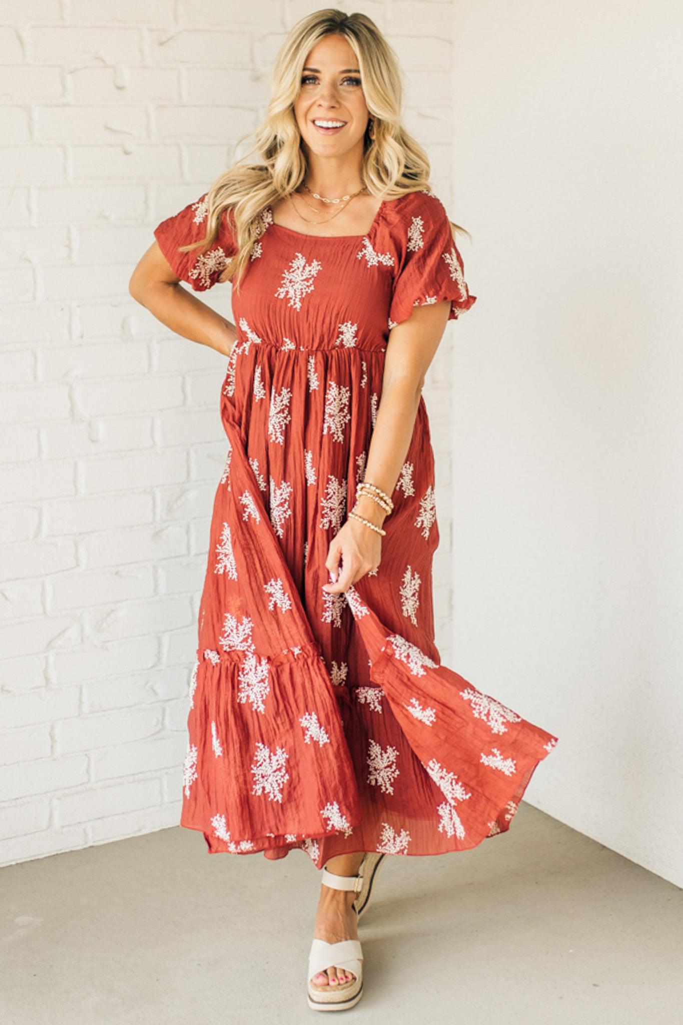 Elena Embroidered Bubble Sleeve Dress