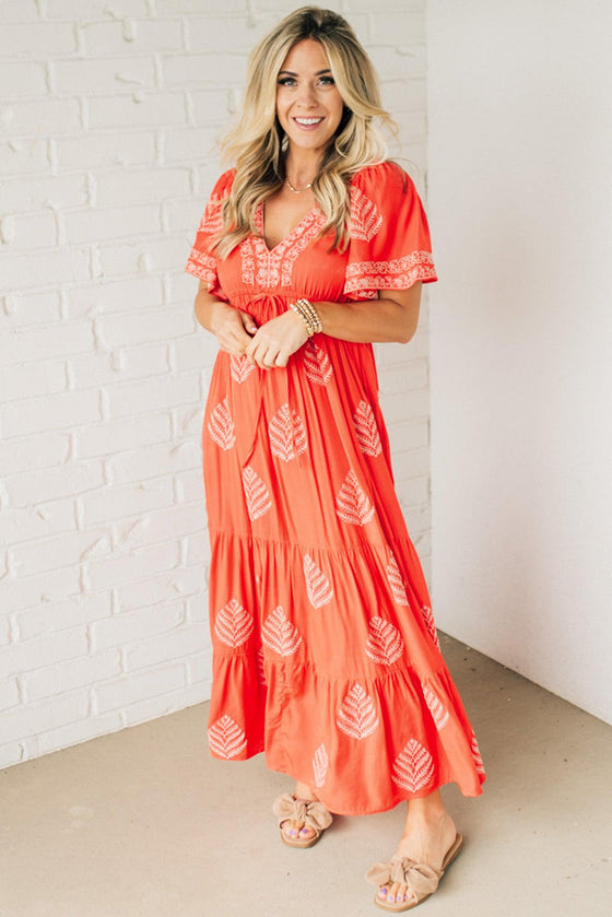 Embroidered V-Neck Maxi Dress