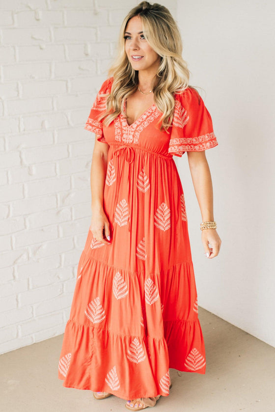 Embroidered V-Neck Maxi Dress