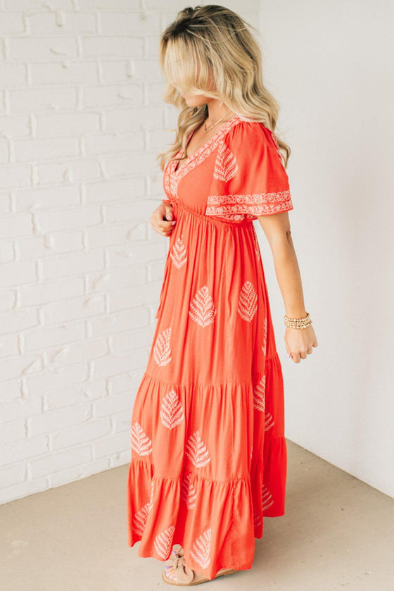 Embroidered V-Neck Maxi Dress