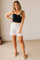 Blonde Woman wearing White Stretch High Waist Bermuda Denim Mom Shorts