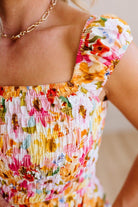 DARLING FLORAL MAXI DRESS FEATURES:
- COTTON FLORAL PRINT FABRICATION
- FLORAL EMBROIDERY MOTIF AT FRONT BUST
- RUFFLED SHOULDERS
- HIDDEN SIDE ZIPPER
- SIDE POCKETS
- SMOCKED BACK BODICE
- LACE INSET FLOUNCE
- FULL LINING