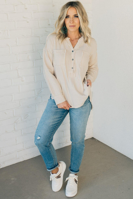 Gauze Henley Side Split Top