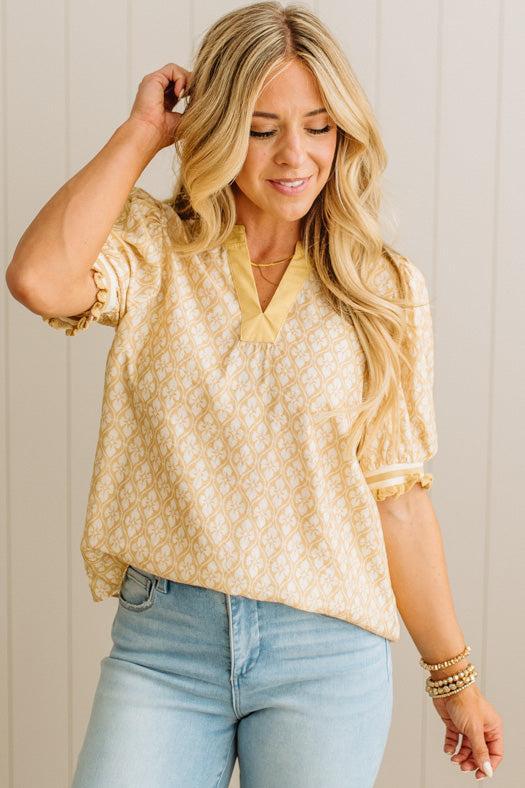 Geo Floral Puff Sleeve Top – RubyClaire Boutique
