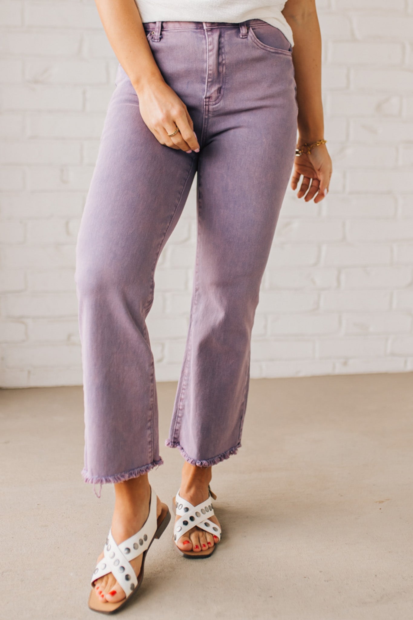 LIGHT PURPLE ACID WASHED HIGH WAIST FRAYED HEM BOOTCUT PANTS