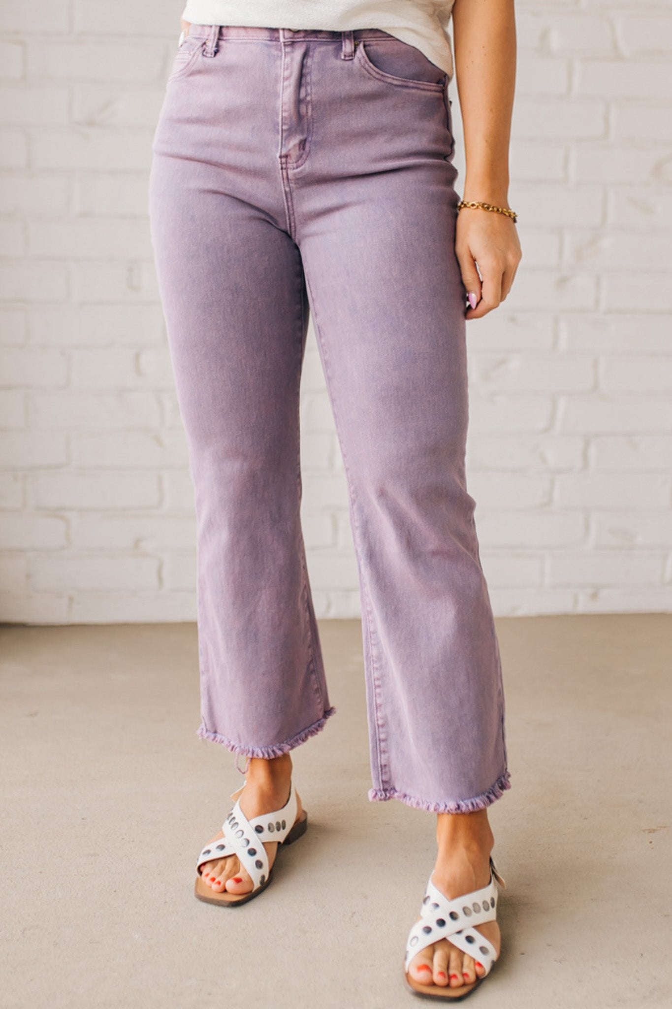 LIGHT PURPLE ACID WASHED HIGH WAIST FRAYED HEM BOOTCUT PANTS