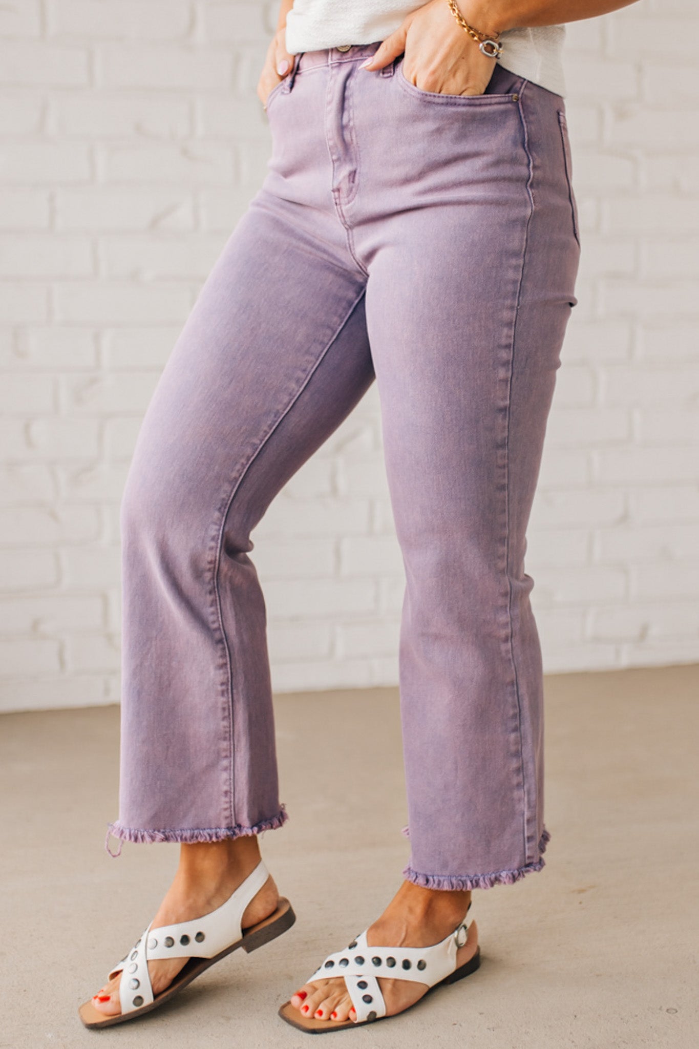 LIGHT PURPLE ACID WASHED HIGH WAIST FRAYED HEM BOOTCUT PANTS