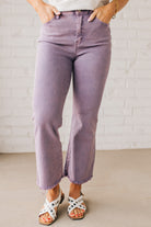 LIGHT PURPLE ACID WASHED HIGH WAIST FRAYED HEM BOOTCUT PANTS