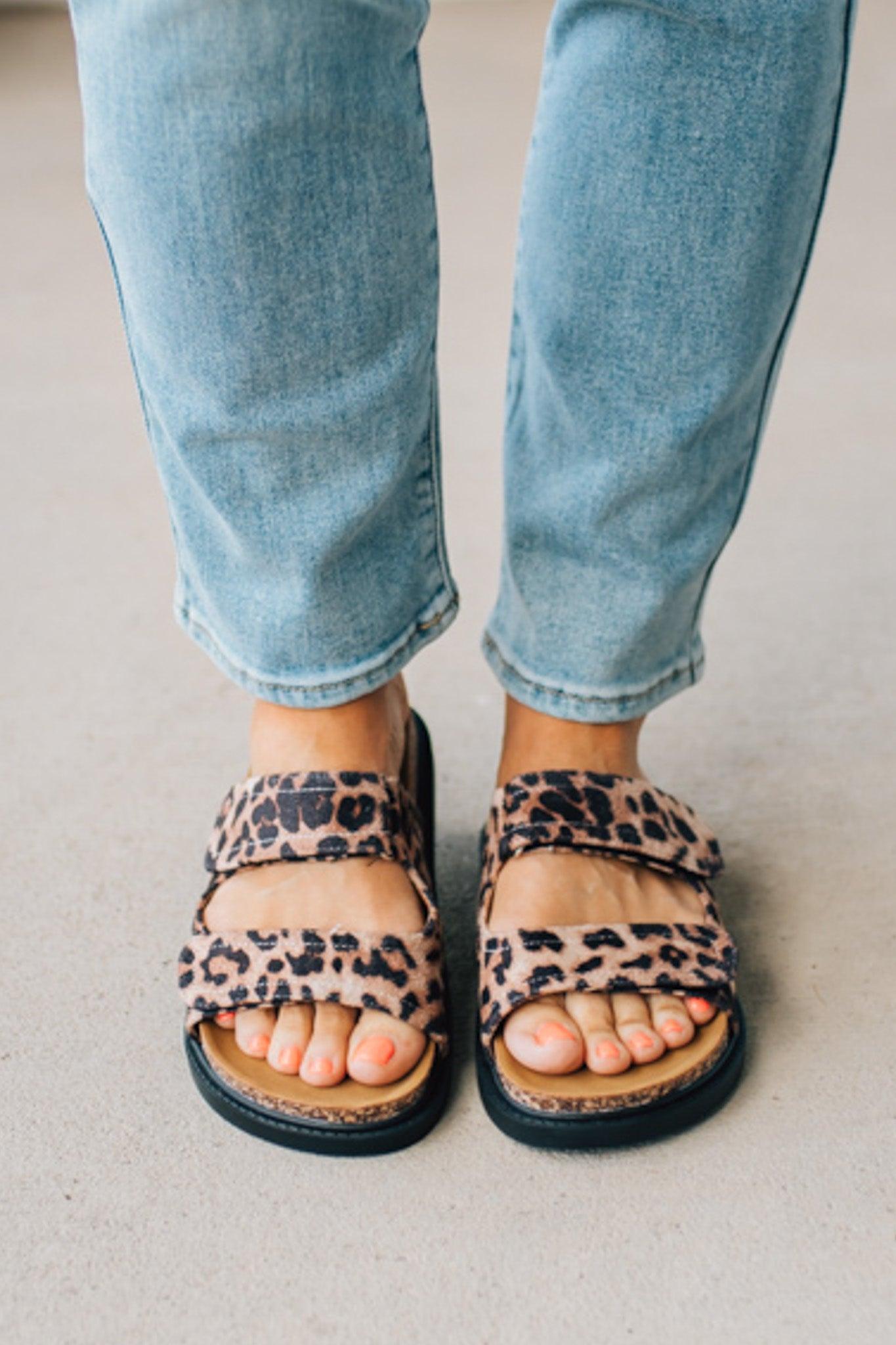 Women's Leopard Cork Sole Slide Sandal with Double Straps.