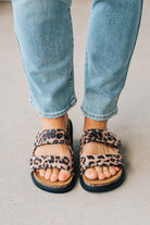 Women's Leopard Cork Sole Slide Sandal with Double Straps.
