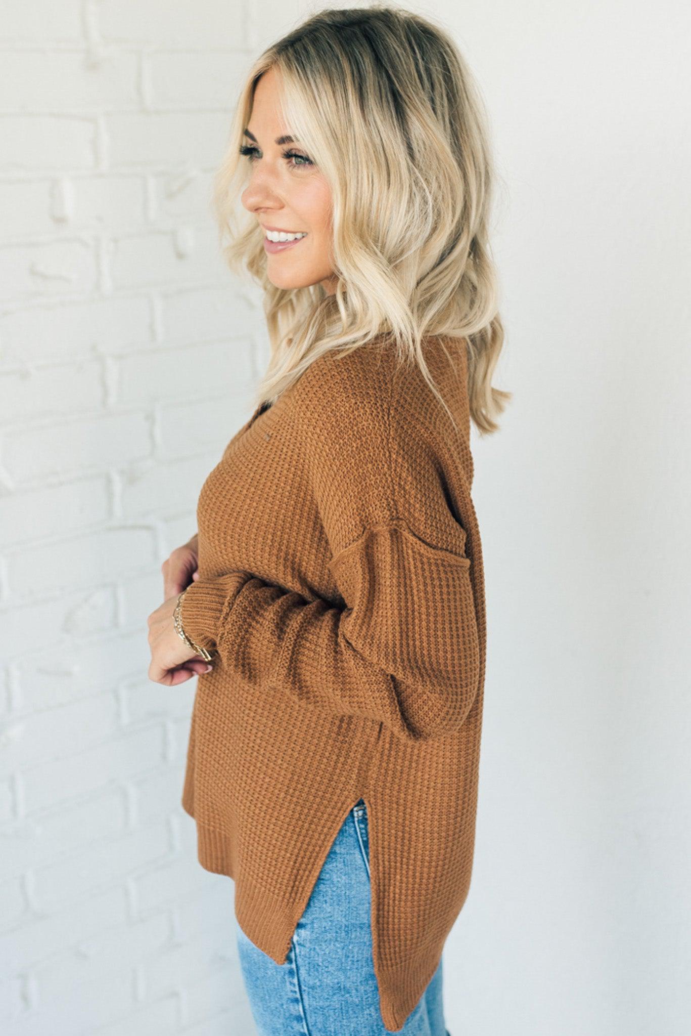 Waffle-knit Henley sweater