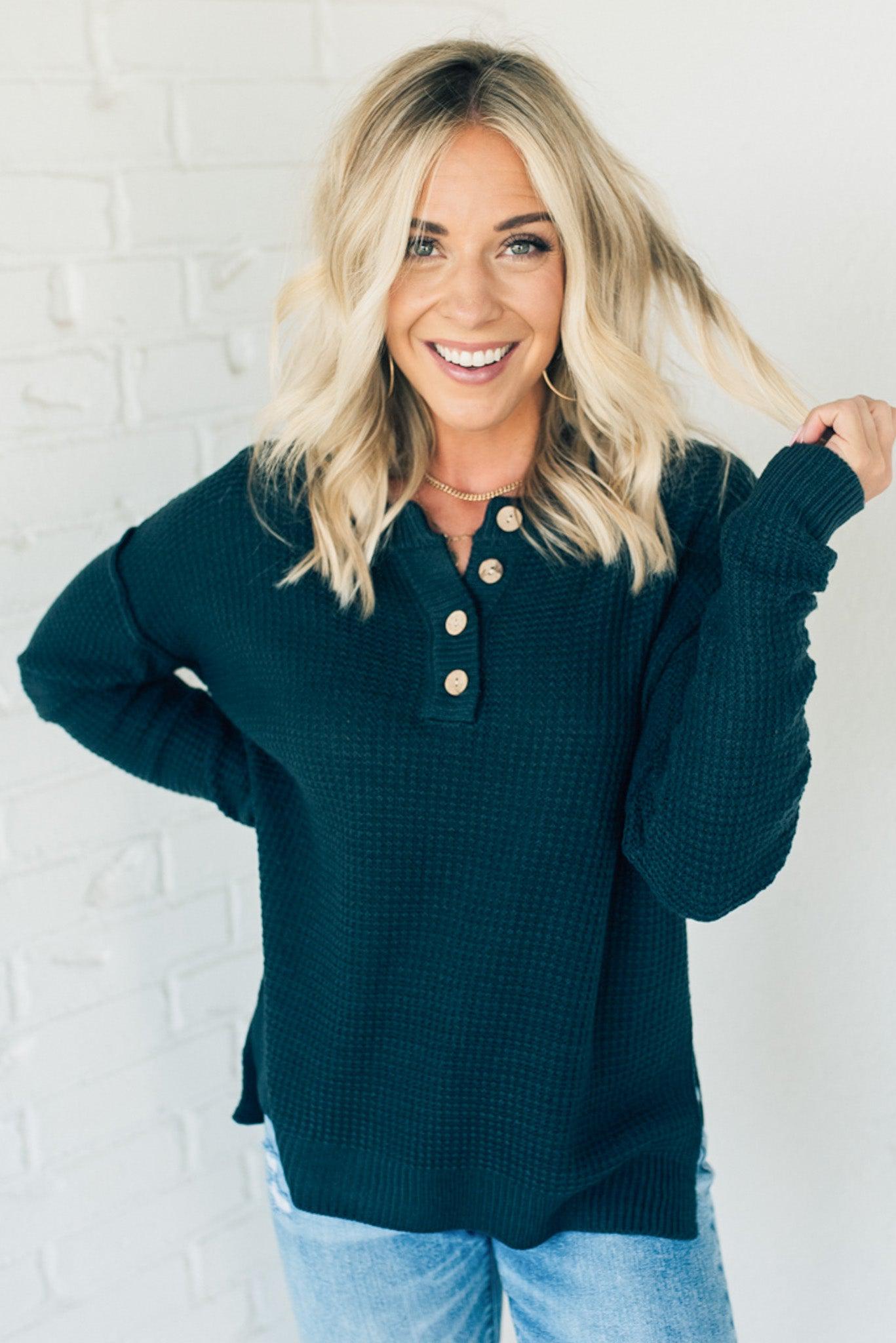 Henley Waffle Knit Sweater – RubyClaire Boutique