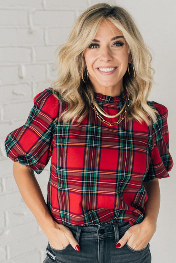 Holiday Plaid Bubble Sleeve Top