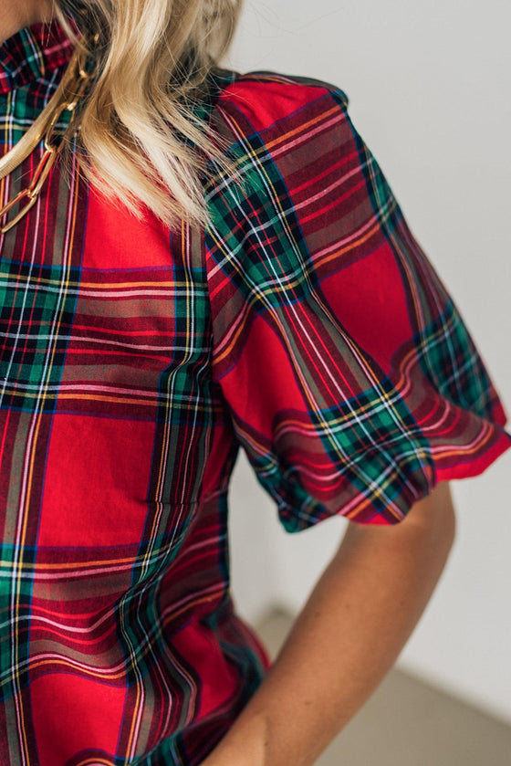 Holiday Plaid Bubble Sleeve Top