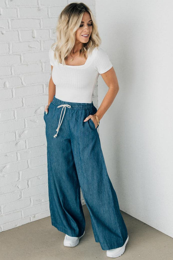 Indigo Pinstripe Wide Leg Pants