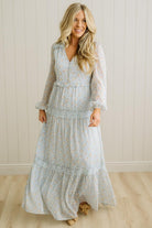 Blonde Woman Wearing a Button Front, Light Blue Floral Lace Paneled Maxi Dress.