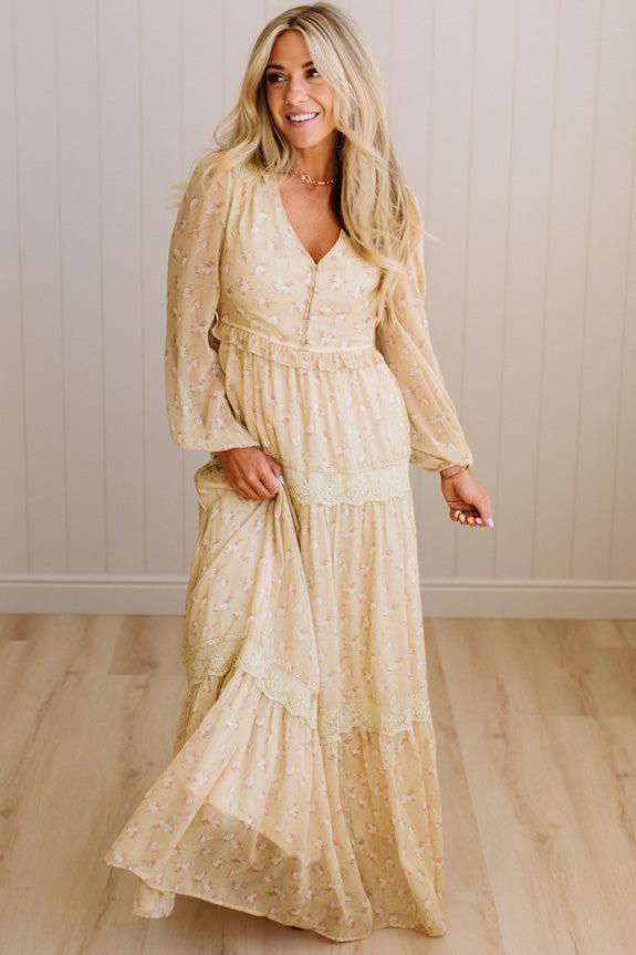 Blonde Woman Wearing a Button Front, Light Yellow Floral Lace Paneled Maxi Dress.