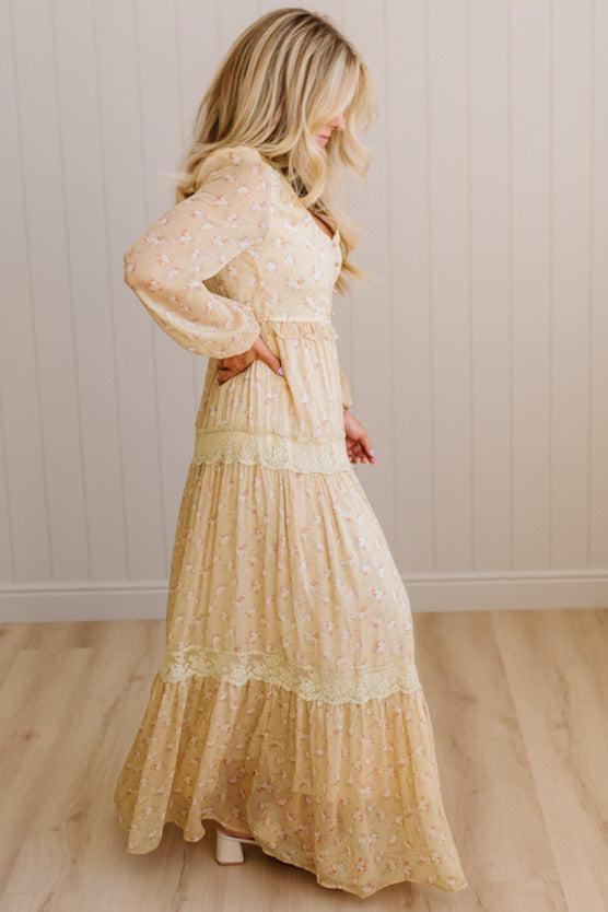 Blonde Woman Wearing a Button Front, Light Yellow Floral Lace Paneled Maxi Dress.