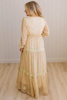 Blonde Woman Wearing a Button Front, Light Yellow Floral Lace Paneled Maxi Dress.