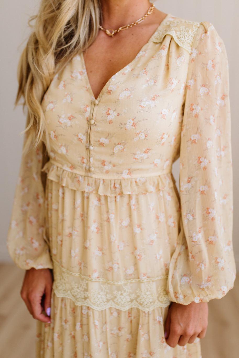 Blonde Woman Wearing a Button Front, Light Yellow Floral Lace Paneled Maxi Dress.