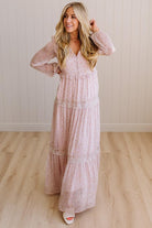 Blonde Woman Wearing a Button Front, Light Pink Floral Lace Paneled Maxi Dress.