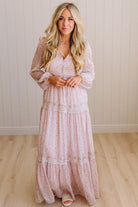 Blonde Woman Wearing a Button Front, Light Pink Floral Lace Paneled Maxi Dress.
