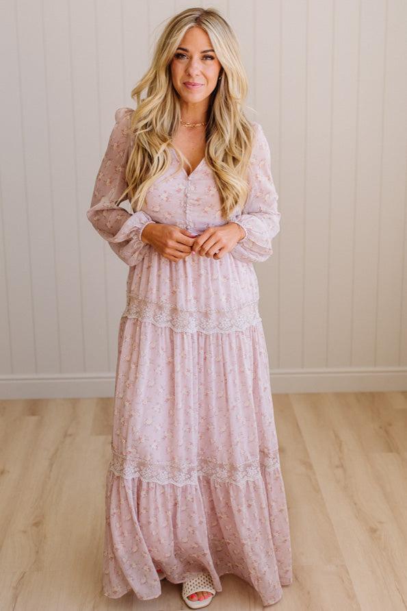 Blonde Woman Wearing a Button Front, Light Pink Floral Lace Paneled Maxi Dress.