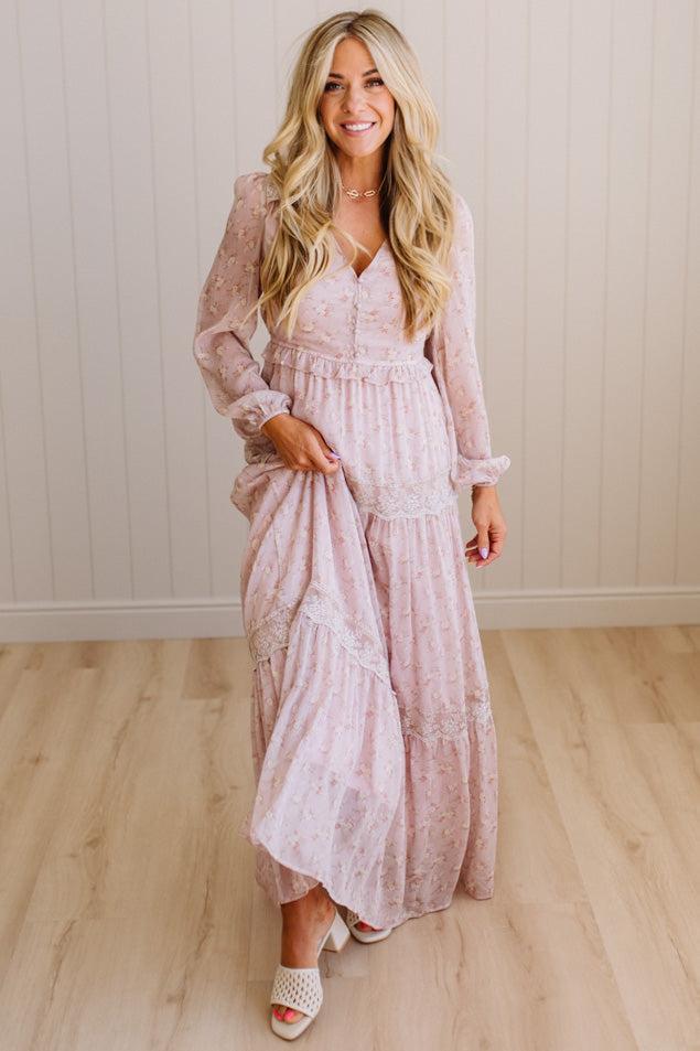 Blonde Woman Wearing a Button Front, Light Pink Floral Lace Paneled Maxi Dress.