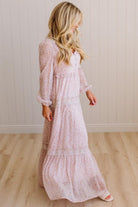 Blonde Woman Wearing a Button Front, Light Pink Floral Lace Paneled Maxi Dress.