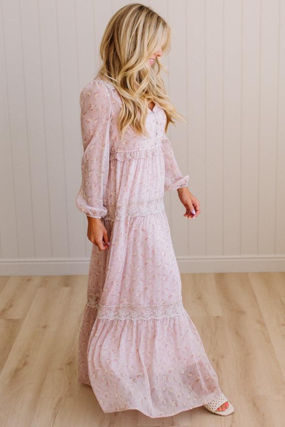 Blonde Woman Wearing a Button Front, Light Pink Floral Lace Paneled Maxi Dress.
