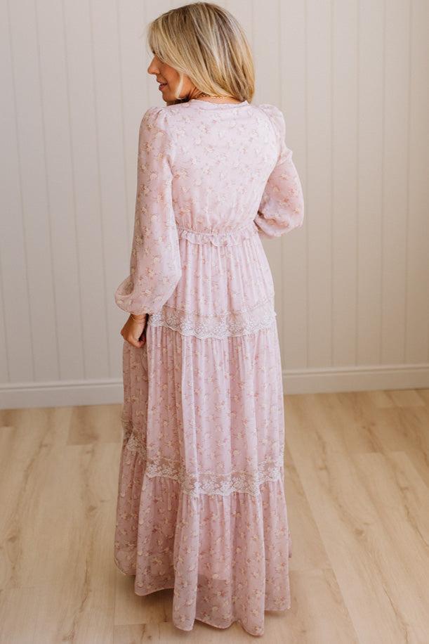Blonde Woman Wearing a Button Front, Light Pink Floral Lace Paneled Maxi Dress.