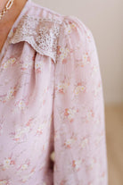 Blonde Woman Wearing a Button Front, Light Pink Floral Lace Paneled Maxi Dress.