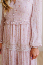 Blonde Woman Wearing a Button Front, Light Pink Floral Lace Paneled Maxi Dress.