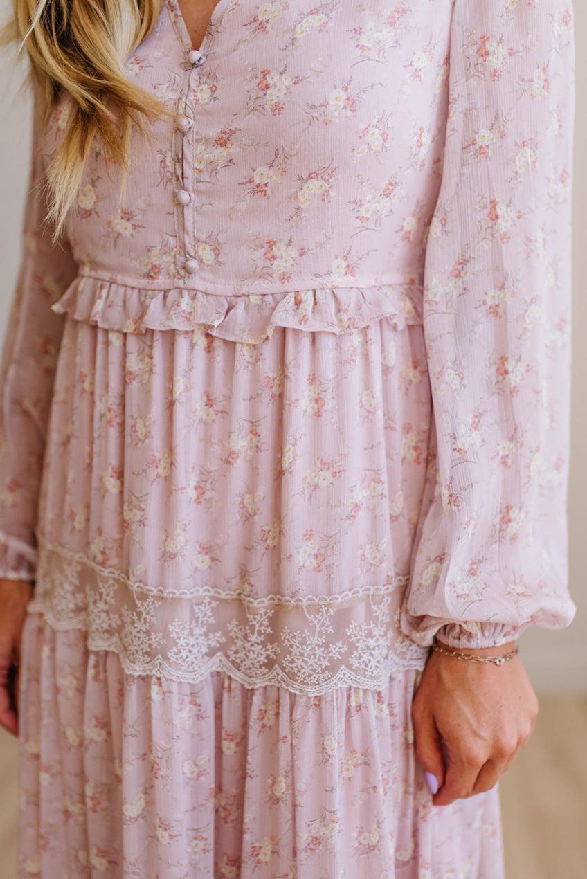 Blonde Woman Wearing a Button Front, Light Pink Floral Lace Paneled Maxi Dress.