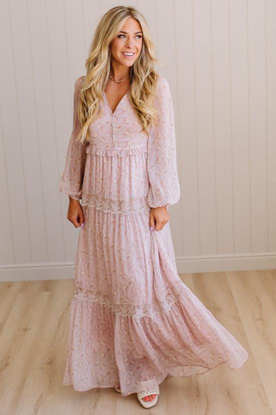 Blonde Woman Wearing a Button Front, Light Pink Floral Lace Paneled Maxi Dress.