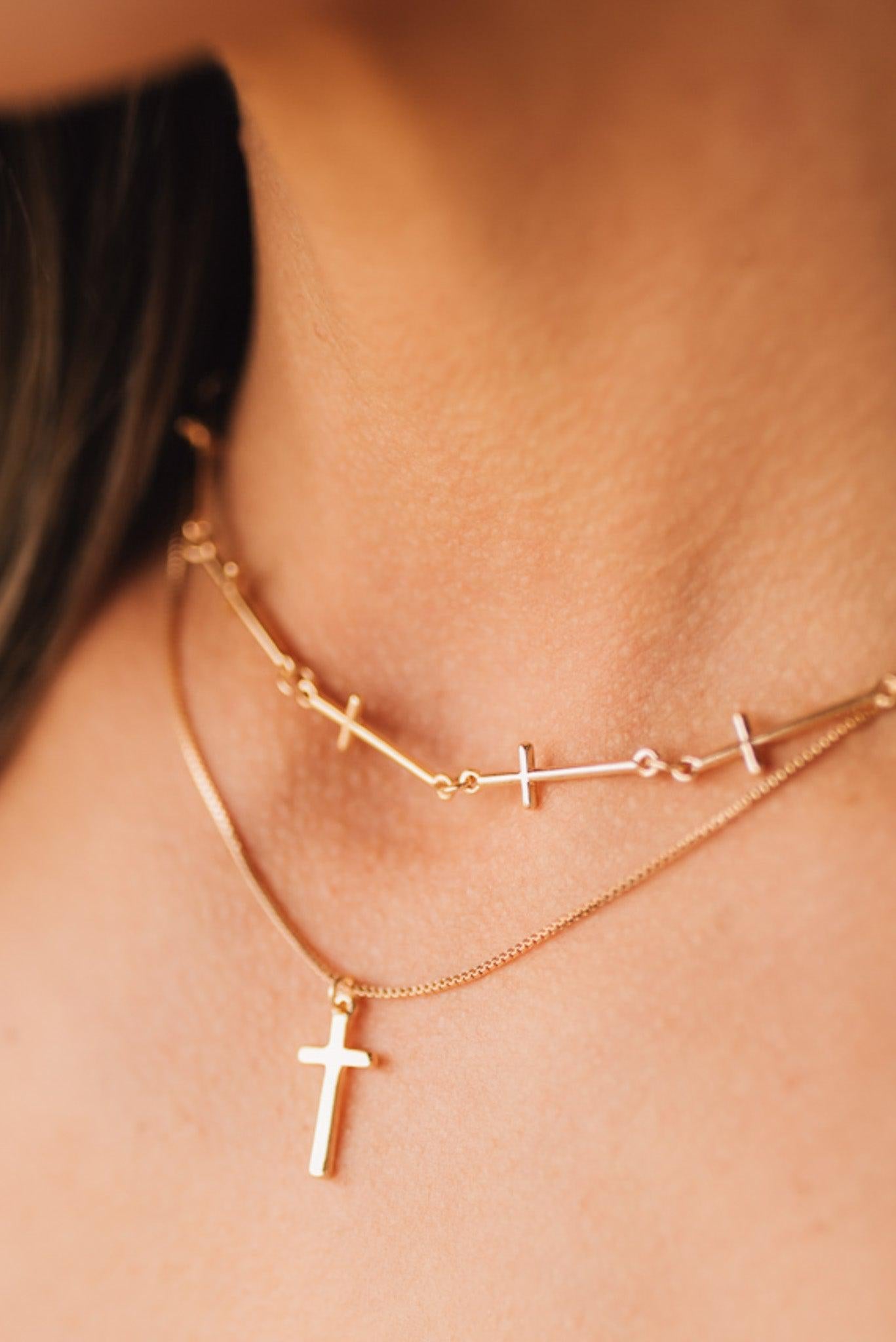 Gold 2 row cross stationed chain necklace