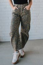 LEOPARD WASHED DENIM MID RISE BARREL PANTS