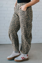 LEOPARD WASHED DENIM MID RISE BARREL PANTS