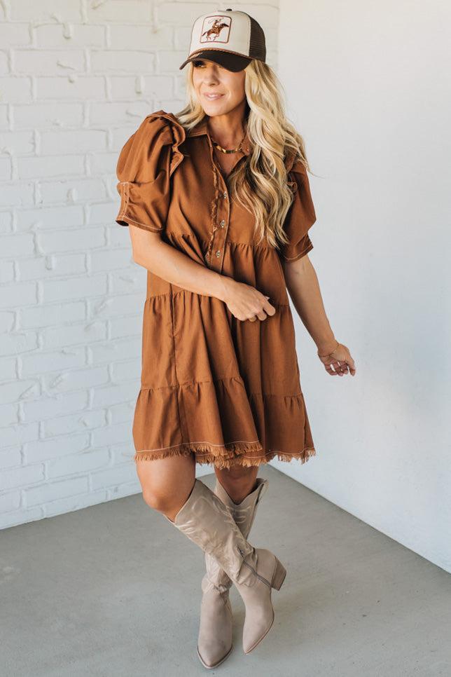 Linen Button Up Shirt Dress with a Ruffled Gathered Sleeve and Frayed Hem Details
