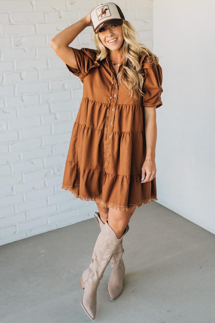 Linen Button Up Shirt Dress with a Ruffled Gathered Sleeve and Frayed Hem Details
