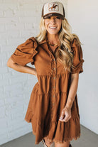 Linen Button Up Shirt Dress with a Ruffled Gathered Sleeve and Frayed Hem Details
