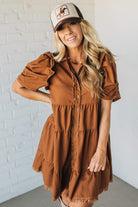 Linen Button Up Shirt Dress with a Ruffled Gathered Sleeve and Frayed Hem Details
