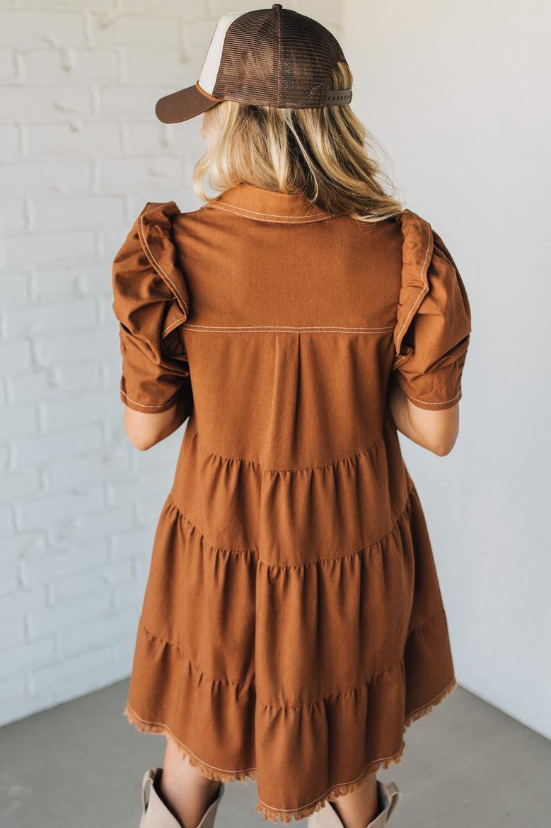 Linen Button Up Shirt Dress with a Ruffled Gathered Sleeve and Frayed Hem Details
