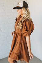 Linen Button Up Shirt Dress with a Ruffled Gathered Sleeve and Frayed Hem Details

