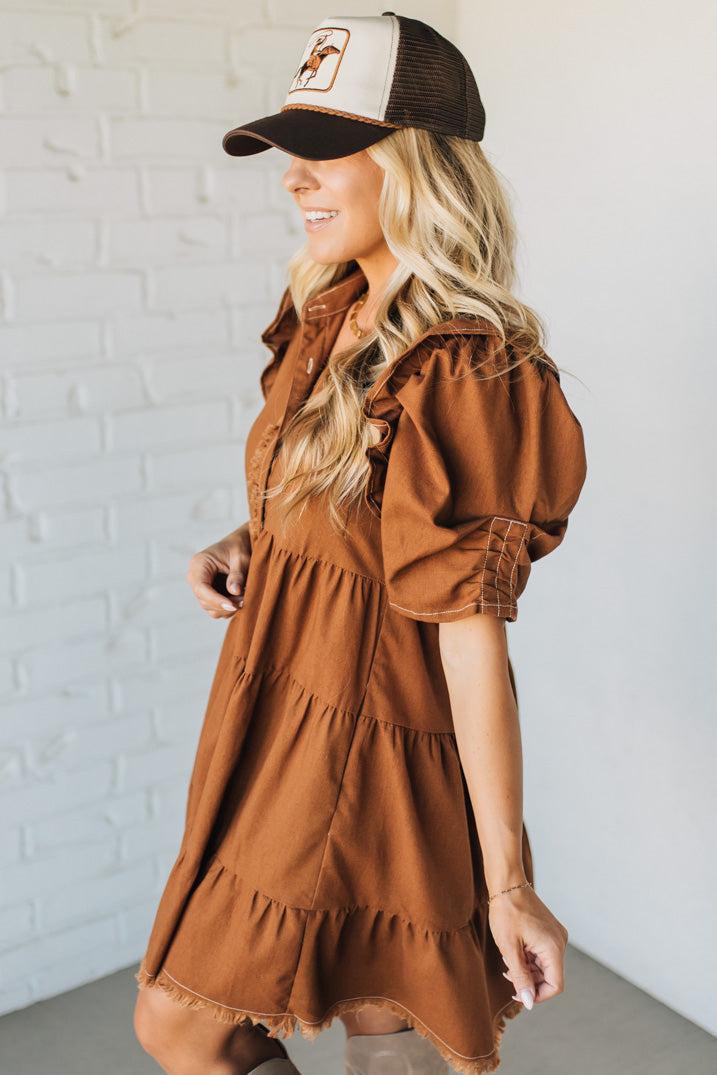 Linen Button Up Shirt Dress with a Ruffled Gathered Sleeve and Frayed Hem Details
