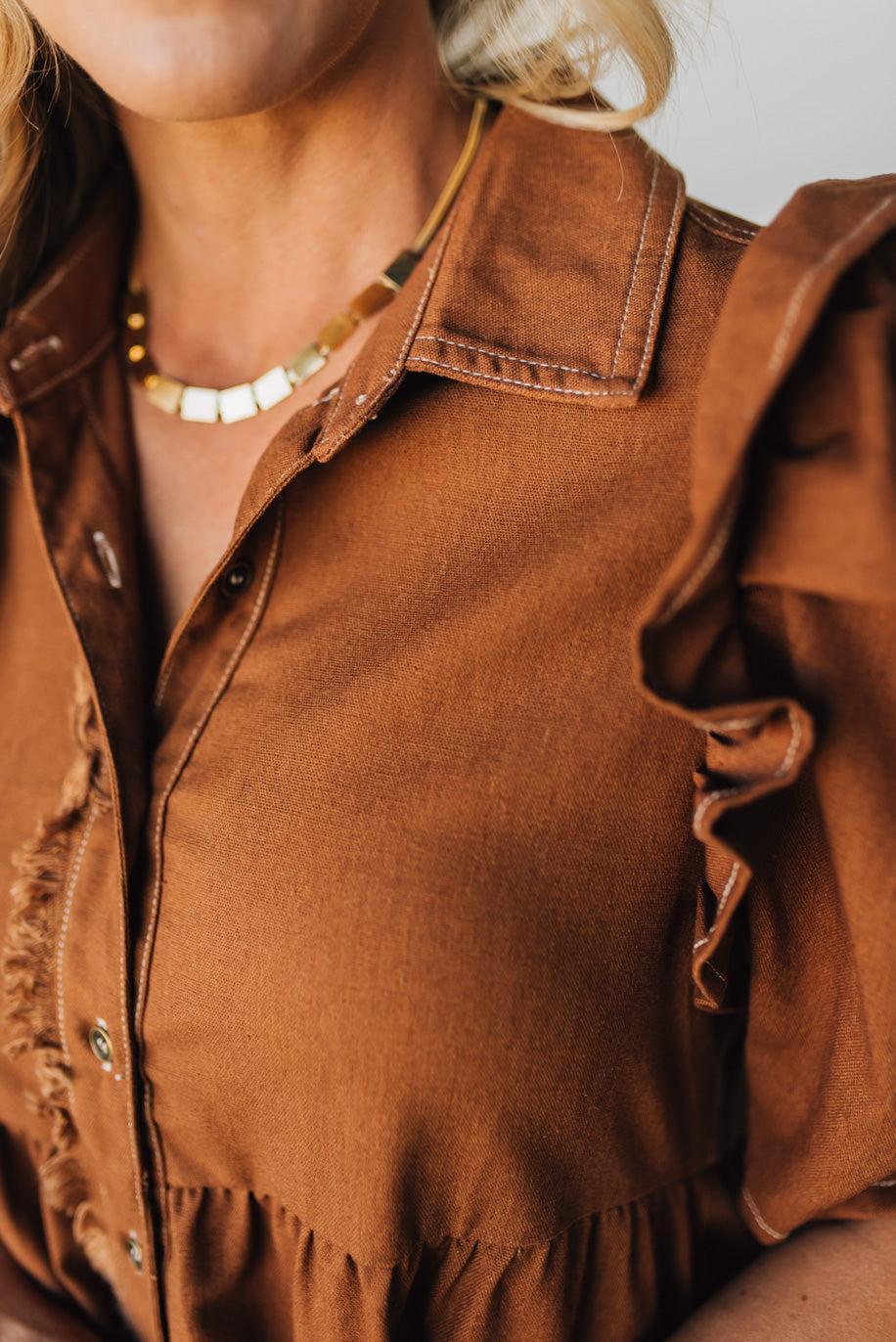 Linen Button Up Shirt Dress with a Ruffled Gathered Sleeve and Frayed Hem Details
