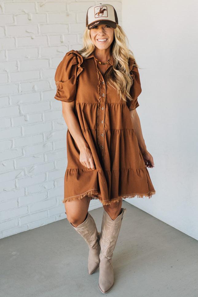 Linen Button Up Shirt Dress with a Ruffled Gathered Sleeve and Frayed Hem Details
